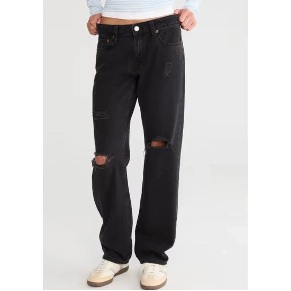 Aeropostale Low Rise‎ Baggy Distressed Jeans Size 000R Black Non Stretch Denim